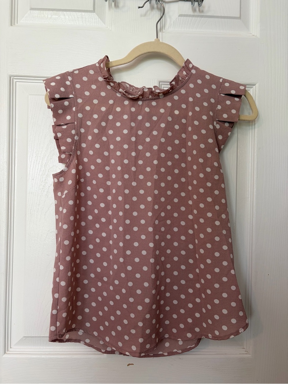 Monteau Mauve Polka Dot Ruffle Sleeve Blouse